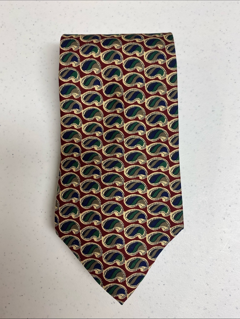 J.Crew 100% Silk Paisley Necktie Burgundy Green Navy Made USA Preppy Classic